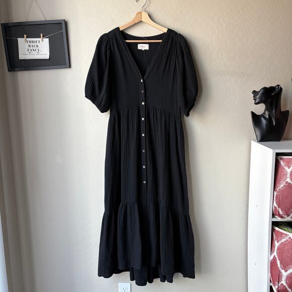 Xirena Dress Lennox Black Gauze Button Front Short Sleeve Tiered Midi Dress Sz M - Picture 2 of 9